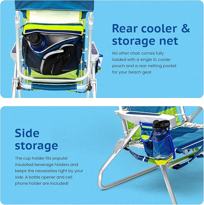 Homevative Backpack Fold-Up Beach Chair, 5 Positions, Towel bar, Cooler, Storage Pouch, Cup Holder and Phone Pocket