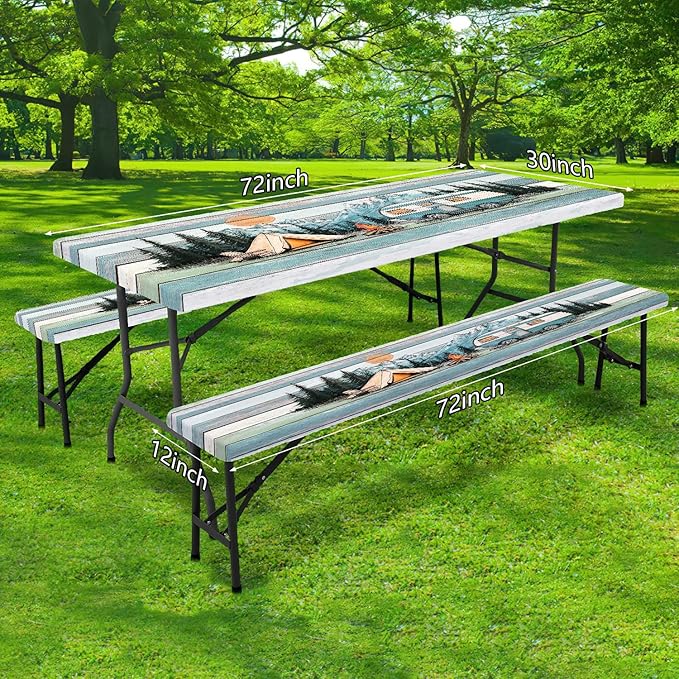 JAWO Picnic Table Cover with Bench Covers Outdoor Camping Essentials Windproof Waterproof Fitted Picnic Table Cloth Wood Texture Fitted Picnic Tablecloth with Elastic, 30x72in
