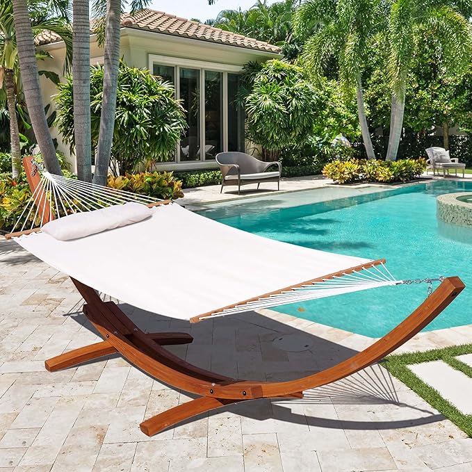 Lazy Daze 12 FT Sunbrella Fabric Hammock not Fading with Spreader Bars and Free Pillow Fits for Two Persons, All Weather and Fade Resistant for Patio Yard, 450 lbs Weight Capacity,Cast Pumice