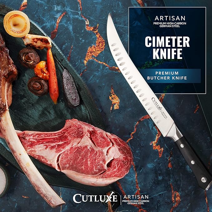 Cutluxe Butcher Knife – 10″ Cimeter Breaking Knife, Razor Sharp Forged High Carbon German Steel, Full Tang Meat Carving Knife, Ergonomic Handle Design – Artisan Series