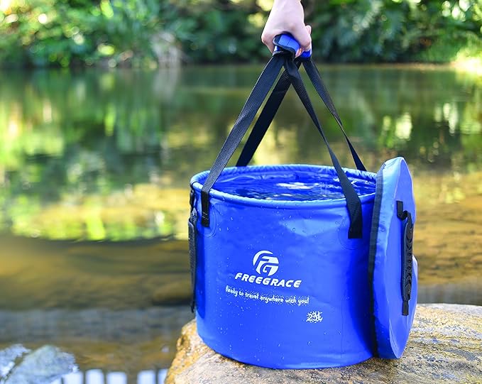 Premium Collapsible Bucket by Freegrace - Compact Portable Folding Water Container - Lightweight & Durable - Includes Handy Tool Mesh Pocket