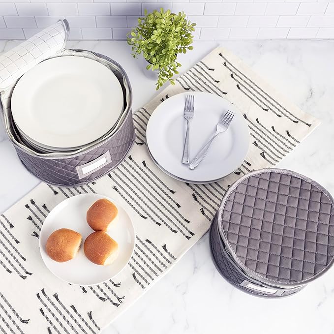 Fine China Storage - Set of 4 Quilted Cases for Dinnerware Storage. Sizes: 12" - 10" - 8" and 7" Wide - Gray - 48 Felt Plate Separators Included