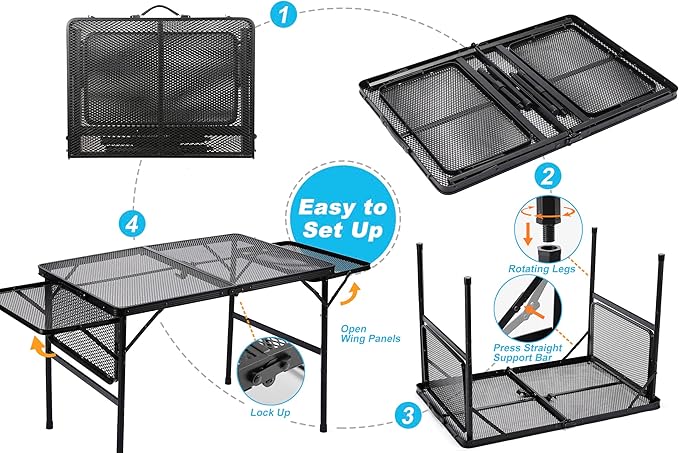 Folding Family Camping Table with 2 Wing Panels, Metal Grill Table with Mesh Tabletop, 2 Adjustable Heights, Large Picnic & Outdoor Table, 2 Side Shelves, Lightweight (4.4 FT, Black)