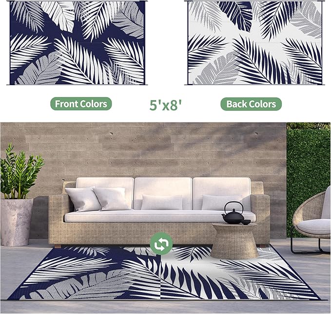 GENIMO Outdoor Rug 5' x 8' Waterproof for Patios Clearance, Reversible Outdoor Plastic Straw Camping Rug Carpet, Large Area Rugs Mats for RV, Picnic, Backyard, Deck, Balcony, Porch, Beach, Blue&White