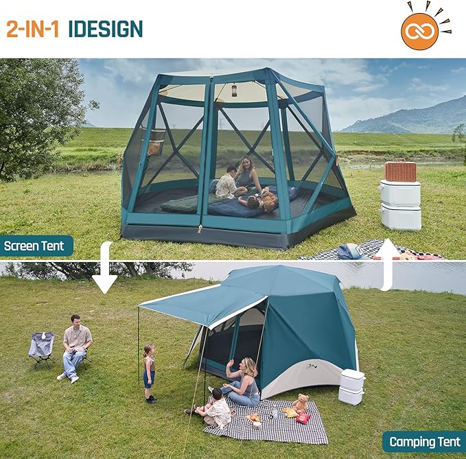 Instant Tents for Camping Pop Up Screen Tent with Rainfly and Porch, 6 Person Large Family Camping Tent with Floor, Easy 60S Setup Hub Tent for Outdoor Picnic Backyard, 11.5'L x 10'W x 6.83'H