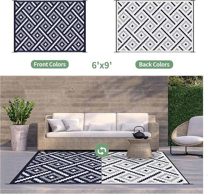 GENIMO Outdoor Rug for Patio Clearance, 6'x9' Waterproof Camping Mat, Reversible Plastic Straw Rugs for RV, Camper, Balcony, Backyard, Picnic, Deck (Mix Navy Blue White)