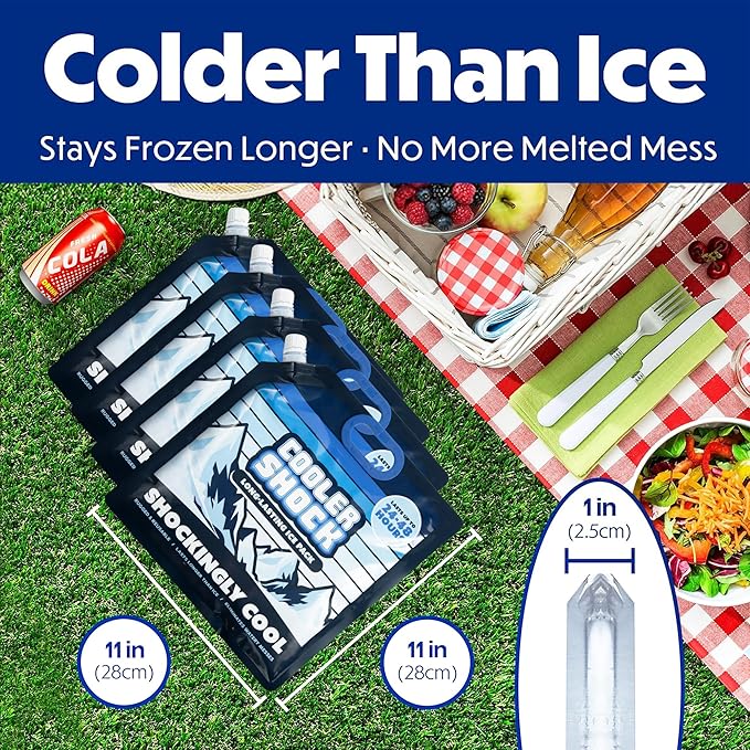 Cooler Shock Reusable Ice Packs for Cooler - Long Lasting Cold Freezer Packs for Coolers and Lunch Boxes - Cooler Ice Packs for Camping Gear, Fishing, Road Trips, Beach Must Haves