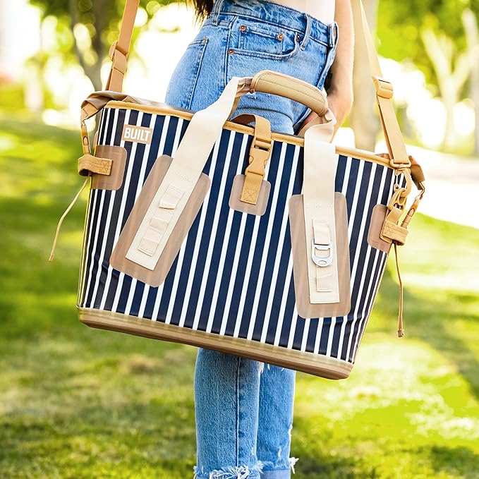 BUILT Large Welded Soft Portable Cooler Bag with Wide Mouth Opening, Insulated and Leak Proof Design, Durable and Lightweight for Outdoor Use, Atlantic Stripe Pattern