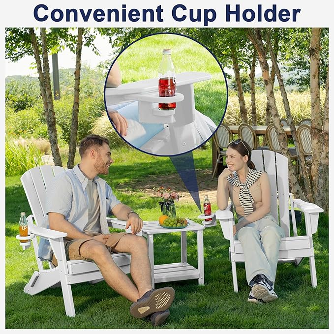 Folding Adirondack Chair, SGS Tested, Wooden Textured with Cup Holder, Heavy All-Weather HDPE Comfortable Set Poolside Backyard Lawn White Set 2