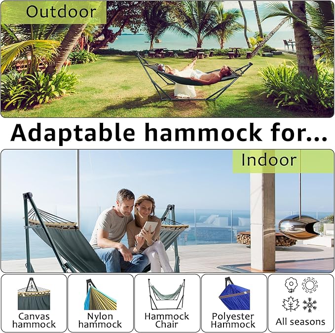 Tranquillo Universal Hammock with Stands Electro Static Coated Steel, Adjustable Foldable Hammock Stand with 2 Layered Polyester Net and Carry Bag for 2 Persons (Canvas - Grey)