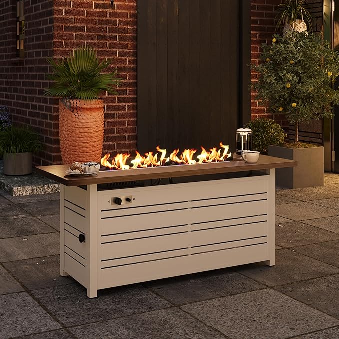 56 Inch Gas Fire Pit Table, 50,000 BTU Propane Pits for Outside with Removable Lid and Glass Fire Rocks, 2 in 1 Firepit Table Gatherings Parties on Patio Deck Garden Backyard, White