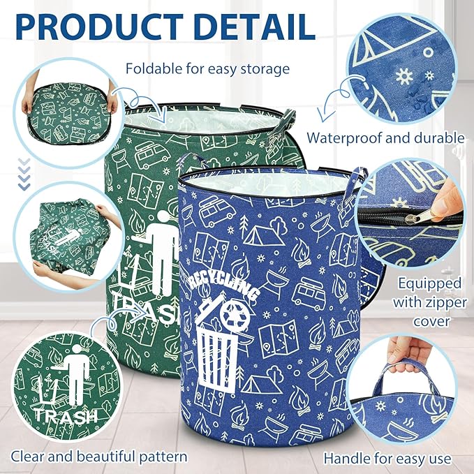 2 Pack Collapsible Trash Can Camping with Zippered Lid Foldable Storage Bin Portable Garbage Can for Outdoor Camping RV's Yard Waste (Trash and Recycling Style)
