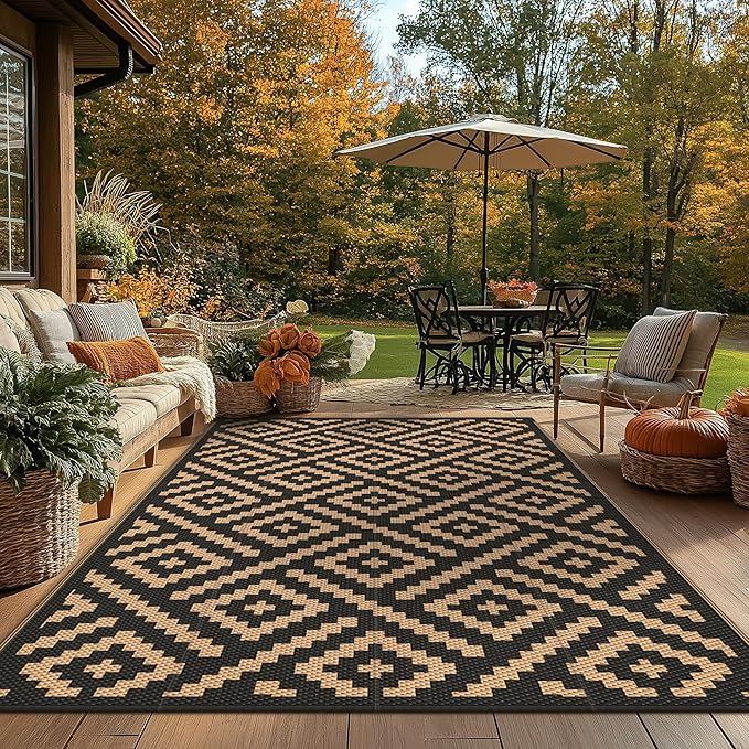 GENIMO Outdoor Rug for Patio Clearance,9'x12' Waterproof Large Mat,Reversible Plastic Camping Rugs,Rv,Porch,Deck,Camper,Balcony,Backyard (Black & Brown)