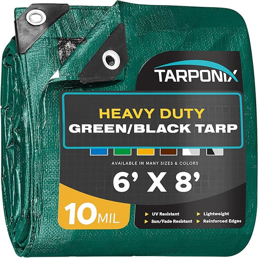 6' x 8' Dual-Sided Heavy-Duty Tarp – 10 Mil Tear-Resistant Green & Black Cover with Reinforced Edges and Anti-Rust Grommets