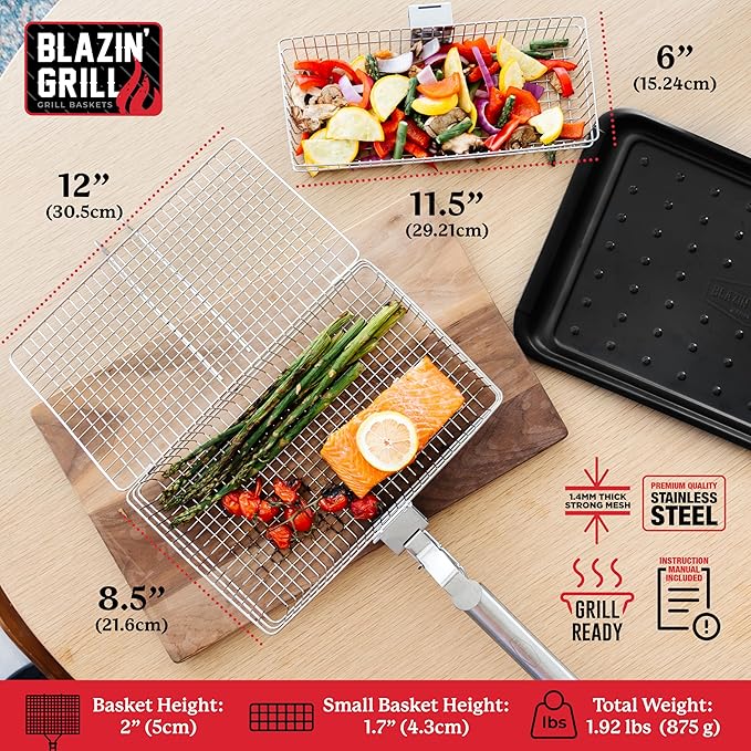 BLAZIN' GRILL Baskets for Outdoor Grill | 2 Grilling Baskets with Detachable Handle | Barbecue Grill Set with BBQ Gloves | Portable Camping Net Rack Perfect for Vegetables, Seafood & Meat