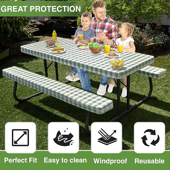 Hudson Comfort Picnic Table Cover with Bench Covers – 500 GSM Reusable Heavy Duty Vinyl Outdoor Table Cover - Waterproof Picnic Tablecloth with Carry Case (Green, 72x30 Inch) (6 Feet Long)