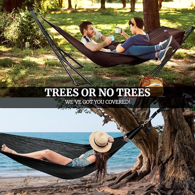 Tranquillo Combo x2 Hammocks with Stand for Outside & Tree Straps, Heavy Duty Hammock with Stand 600lbs for Indoor Outdoor Patio Backyard, x2 Hammocks for 2 Person, Portable Carrying Bags, Brown