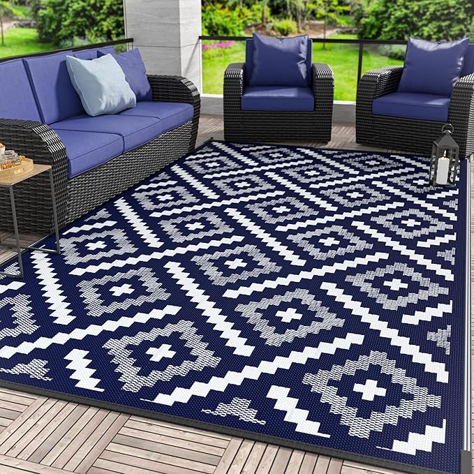 GENIMO Outdoor Rug for Patio Clearance, 6'x9' Waterproof Camping Mat, Reversible Plastic Straw Rugs for RV, Camper, Balcony, Backyard, Picnic, Deck (Mix Navy Blue White)