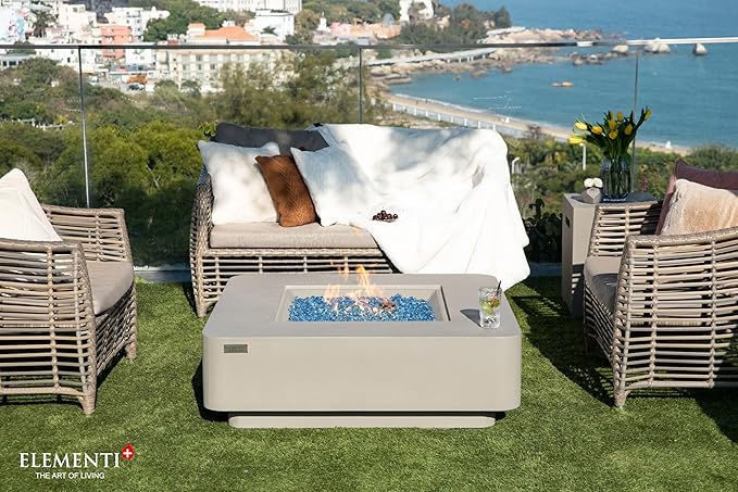Elementi+ | Bundle Lucerne Gas Fire Pit Cast Concrete 42" Square Fire Table, Outdoor Fire Pit Electronic Ignition | Canvas Cover, Fire Glass and Burner Lid Included | Light Gray | Natural Gas