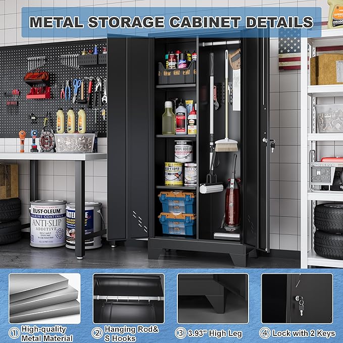 61" H Broom Closet Cabinet, Metal Storage Cabinet with Lockable Doors and Pegboard, Utility Closet for Brooms and Mops, Tool Cabinets for Home Office, Laundry Room, Garage, Workshop