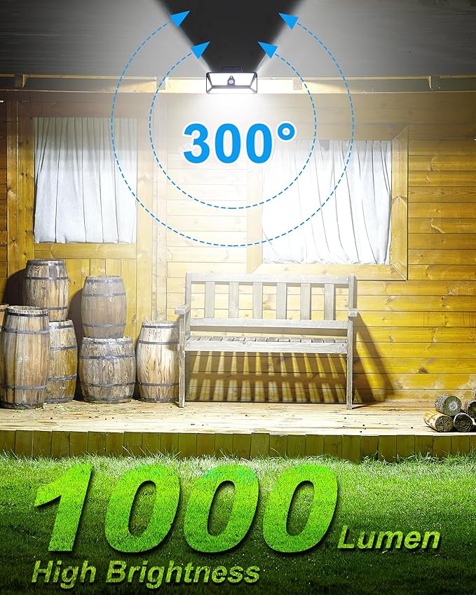 208Leds Solar Lights Outdoor,Clip on Motion Sensor Outdoor Lights,6000K,1000LM High Bright Solar Powered Flood Light with 3 Mounting Ways for Bakcyard Fence Garage Camping