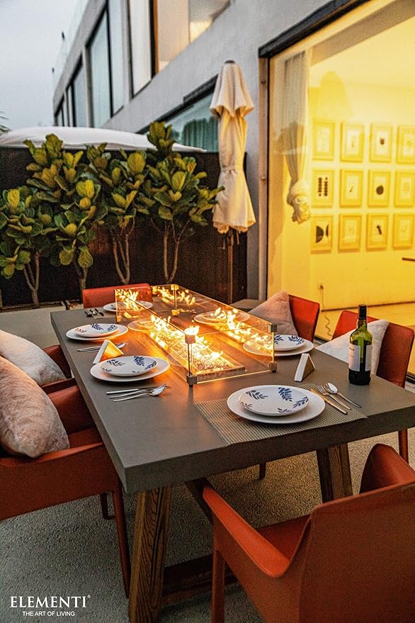 Elementi | Sonoma Gas Fire Pit Cast Concrete Rectangular Dining Fire Table, Outdoor Fire Pit Electronic Ignition | Canvas Cover, Lava Rock Included | Propane Gas
