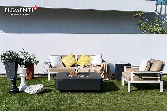 Elementi+ | Bergamo Gas Fire Pit Cast Concrete 42" Square Fire Table, Outdoor Fire Pit Electronic Ignition | Canvas Cover, Fire Glass and Burner Lid Included | Dark Gray | Propane Gas