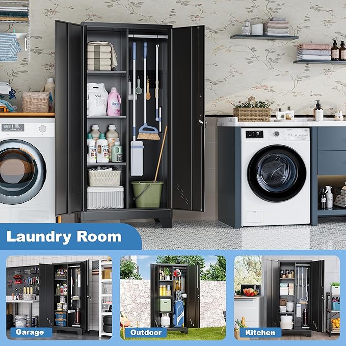 61" H Broom Closet Cabinet, Metal Storage Cabinet with Lockable Doors and Pegboard, Utility Closet for Brooms and Mops, Tool Cabinets for Home Office, Laundry Room, Garage, Workshop