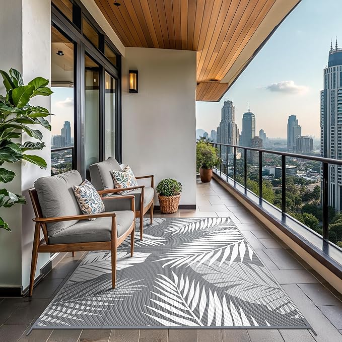 GENIMO Outdoor Rug 5' x 8' Waterproof for Patios Clearance, Reversible Plastic Straw Camping Carpet, Large Area Rugs Mats for RV, Picnic, Backyard, Deck, Balcony, Porch, Beach, Grey&White