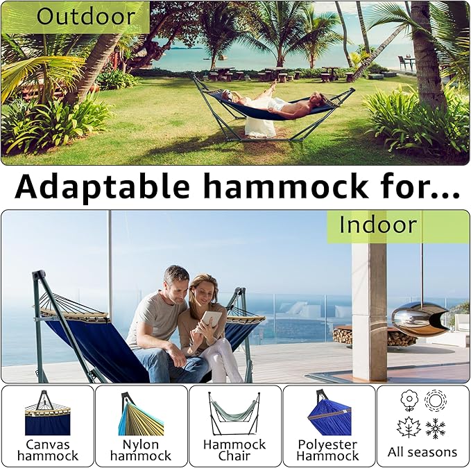 Tranquillo Ultimate Relaxation Portable Hammock Stand with Cotton Canvas, Spreader Bar, Quick Fold Unfold in 30 Seconds Steel Frame Hammock 600 lbs Capacity, Hammock Stand Outdoor, Hammock Set, Navy