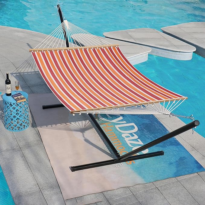 Lazy Daze Hammocks Quick Dry Hammock with Spreader Bar 2 Person Double Hammock with Chains Outdoor Outside Patio Poolside Backyard Beach 450 lbs Capacity, Red Stripes