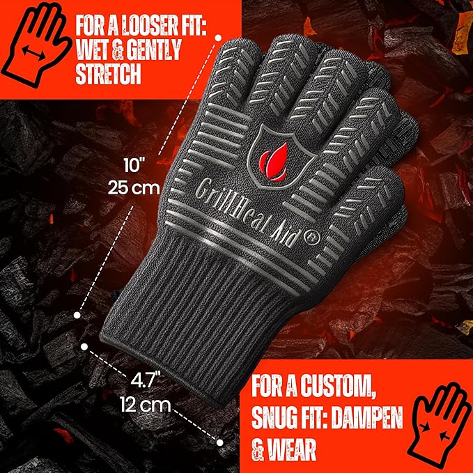 GRILL HEAT AID BBQ Grill Gloves Heat Proof for Grilling – Fireproof 1472°F Heat-Resistant Grill Mitts for Outdoor Barbecue and Smoker, Campfire, Fire Pit, Oven Glove with Fingers for Baking Pizza