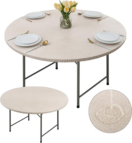 Fitable 2 Pack Faux Linen Round Table Cover with Flannel Backing, Vinyl Fitted Elastic Tablecloth Waterproof Table Cloth for Picnic, Party, Indoor Dining, Nature (Fit for 45"-56" Round Tables)
