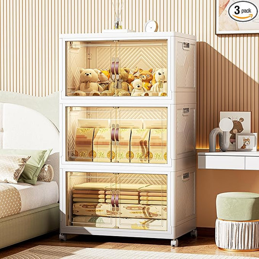 312 QT / 78 Gal Stackable Collapsible Storage Bins with Magnetic Doors & Wheels - Space-Saving Plastic Organizer Cabinet for Closet, Office, Home (White)