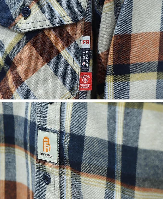 BOCOMAL FR Shirts for Men Welding Shirt Plaid 8.5oz Heavyweight Fire Retardant/Flame Resistant Welding Jacket