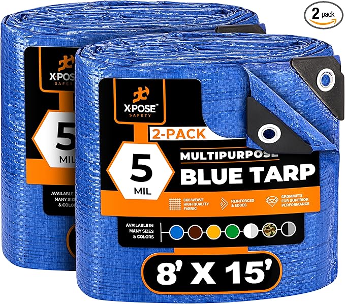 Better Blue Poly Tarp 8' x 15' (2-Pack)- Multipurpose Protective Cover - Lightweight, Durable, Waterproof, Weather Proof - 5 Mil Thick Polyethylene - by Xpose Safety