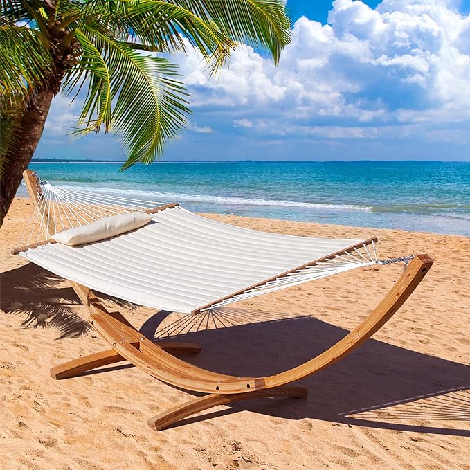 Lazy Daze Hammocks 12 FT Double Quilted Fabric Hammock and 13 FT Natural Wooden Arc Stand, with Spreader Bar, Removable Pillow, 2 Person Hammock for Poolside Outdoor Patio, 450 lb Capacity, Natural