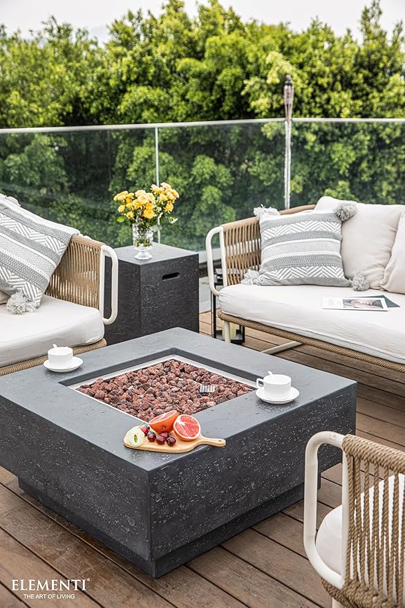 Elementi | Bundle Manhattan Gas Fire Pit Cast Concrete 36" Square Fire Table, Outdoor Fire Pit Electronic Ignition | Canvas Cover, Lava Rock Included | Dark Gray (Natural Gas)
