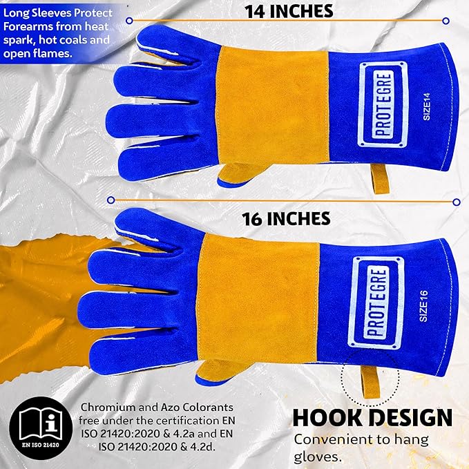 16” Welding Gloves – Heavy-Duty Heat & Flame Resistant Cowhide Leather, Kevlar-Stitched, 932℉ Protection for MIG, Stick, Forge, Fireplace, BBQ, Wood Stove (𝐁𝐥𝐮𝐞/𝐘𝐞𝐥𝐥𝐨𝐰)