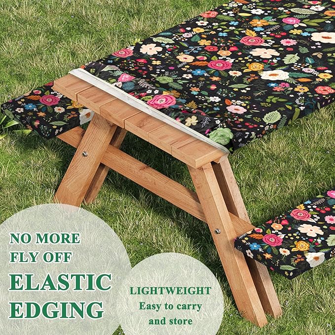 famibay 3 Piece Picnic Table Cover and Bench Covers Black Floral Polyester Camping Tablecloth, Windproof Reusable Fitted Picnic Table Covers with Elastic(12”x72+30”x72”)