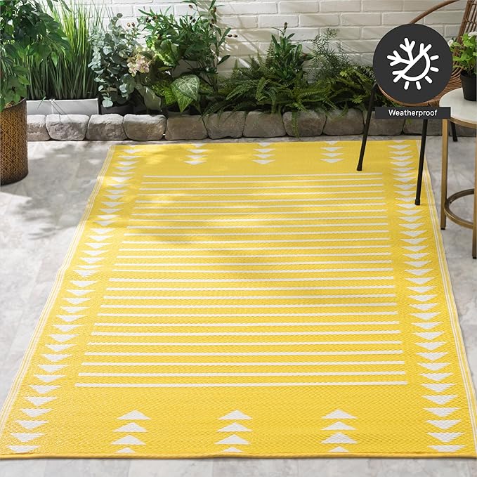 FH Home Outdoor Rug - Waterproof, Fade Resistant, Crease-Free - Premium Recycled Plastic - Geometric - Patio, Porch, Deck, Balcony - Hampton Stripe - Yellow Crease Free - 5 x 8 ft