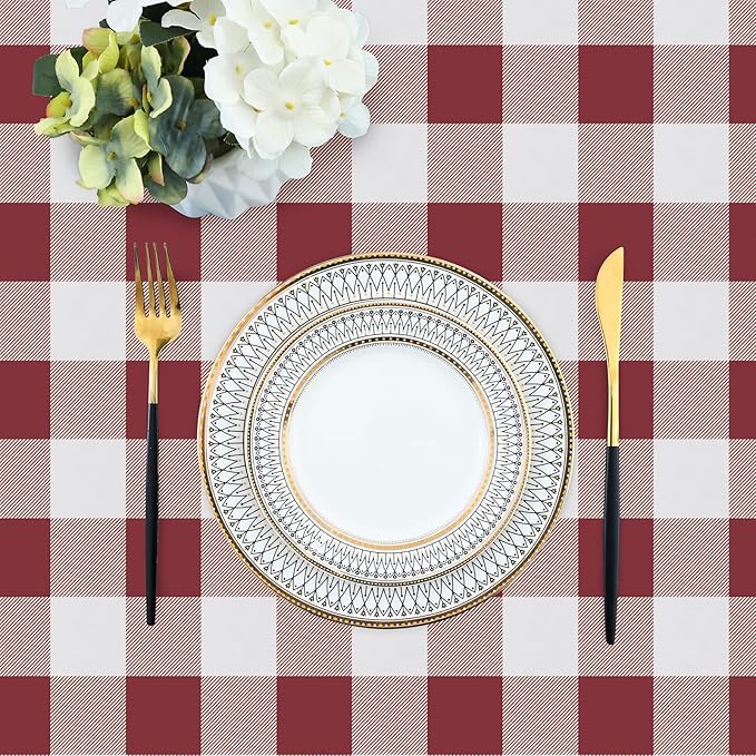misaya Rectangle Waterproof Vinyl Table Cloth, Buffalo Flannel Backed Tablecloth, Wipeable Plastic Table Cover for Dinner, Kitchen, Outdoor (54" x 78", Burgundy and White)