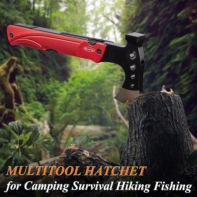 RoverTac Camping Hatchet Multitool Axe Survival Gear, 14-in-1 Multi Tool Axe Hammer Knife Saw Bottle Opener Fire Starter Whistle, Gifts for Men Dad Him, Perfect for Camping Survival Hiking Fishing