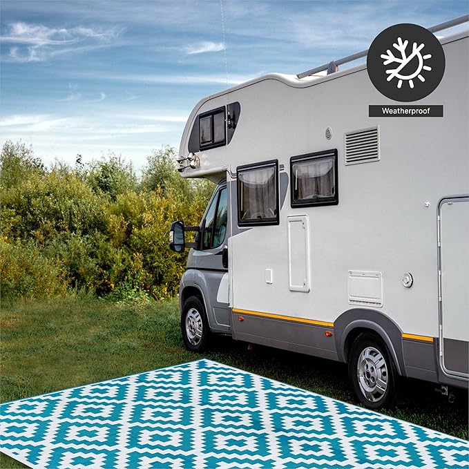 FH Home Outdoor Rug - Waterproof, Fade Resistant, Reversible - Premium Recycled Plastic - Geometric - Patio, Deck, Porch, Balcony, Laundry Room - Aztec - Teal & White Crease Free - 4 x 6 ft