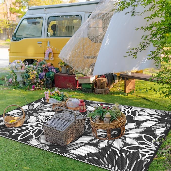 GENIMO Outdoor Rug Waterproof for Patio Decor, 8' x 10' Reversible Plastic Straw Floral Camping Carpet, Large Area Rugs Mats for RV, Camper, Deck, Balcony, Porch, Beach, Picnic, Black & White