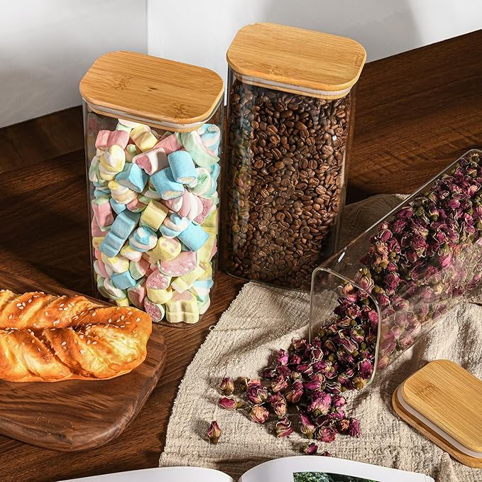 64oz Rectangle Airtight Glass Storage Containers with Bamboo Lids (Set of 4), Square Food Storage Jar, Pantry Organizers for Cereal, Flour, Pasta and Coffee beans (‎with Black Lable)