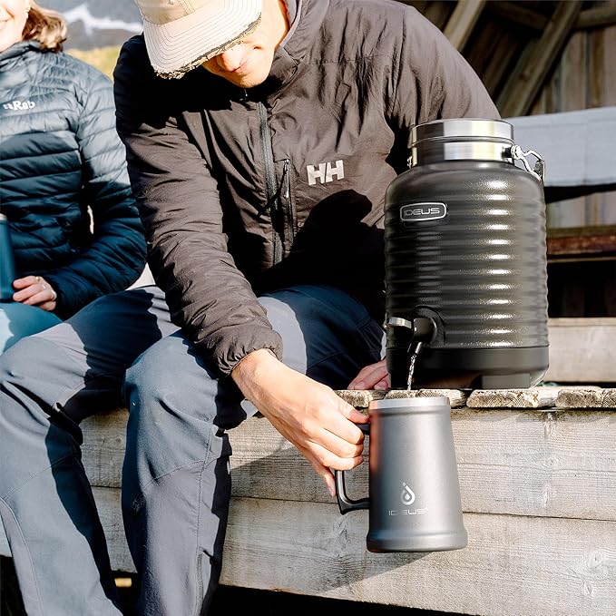 IDEUS Insulated Beverage Dispenser 5.2L, All-in-one for Camping Vacuum Double-Wall Stainless Steel Water Cooler Coffee Carafe Jug Leakproof Drink Container with Handle, Spigot & Stand (Black)