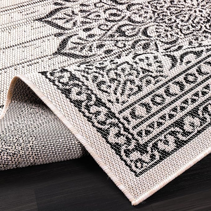 CAMILSON Outdoor Rug, 5x7 Medallion White Black Modern Area Rugs for Indoor and Outdoor Patios, Kitchen and Hallway Mats, Washable Porch Deck Outside Carpet (Medallion White, 5 x 7)