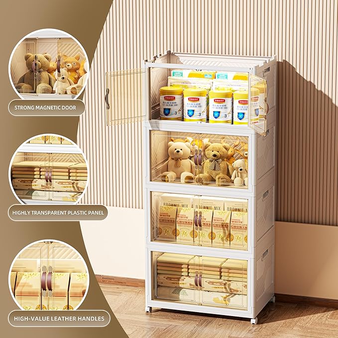 416 QT / 104 Gal Stackable Collapsible Storage Bins with Magnetic Doors & Wheels - Space-Saving Plastic Organizer Cabinet for Closet, Office, Home (White)