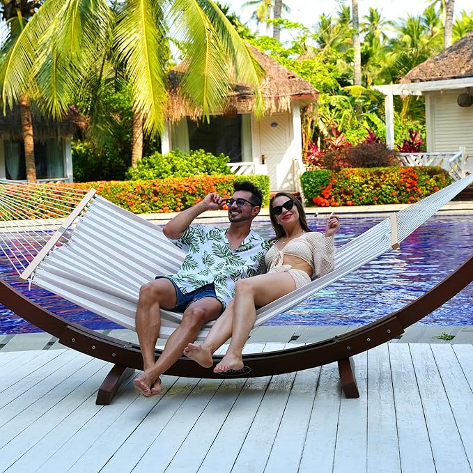 Lazy Daze Hammocks Quick Dry Hammock with Spreader Bar Textliene Fabric Double Outside Hammock with Chains Outdoor Patio Poolside Backyard Beach 450 lbs Capacity, Beige White Stripes